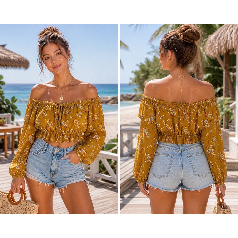 Romwe Floral Off Shoulder Crop Tie Front Women S Mustard Yellow Cottagecore Boho